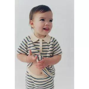 ZARA 스트라이프 니트 폴로셔츠 - 크림 / 블루 {QHJ}