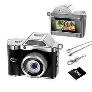 OMK 미니 열쇠고리 카메라, 32GB 카드가 장착된 1080P 포켓 사이즈 카메라, 휴대용 미니 레트로 카메라, 원 버튼 , 여행용 경량 빈티지, 생일 선물, 파티, 일상적인 순간 블랙