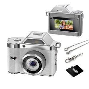 OMK 미니 열쇠고리 카메라, 32GB 카드가 장착된 1080P 포켓 사이즈 카메라, 휴대용 미니 레트로 카메라, 원 버튼 , 여행용 경량 빈티지, 생일 선물, 파티, 일상적인 순간 화이트