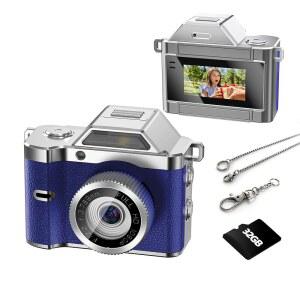 OMK 미니 열쇠고리 카메라, 32GB 카드가 장착된 1080P 포켓 사이즈 카메라, 휴대용 미니 레트로 카메라, 원 버튼 , 여행용 경량 빈티지, 생일 선물, 파티, 일상적인 순간 블루