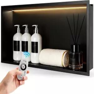 호풀리빙 24인치 X 12인치 스테인리스 스틸 샤워 틈새 타일 필요 없음 욕실 수납을 위한 3000K LED 따뜻한