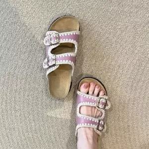 포뇨2 여친 빈티지 양가죽 라운드 가죽 오픈토 버켄 슈즈 통굽 컴포트 플랫 일자 슬리퍼 OPH5