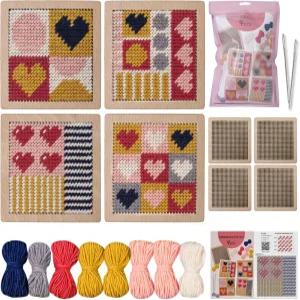 유셴 4Pcs 하트 코스터 니들포인트 키트 크로스 스티치 DIY 자수 스타터 세트 바늘 실 공예 사랑