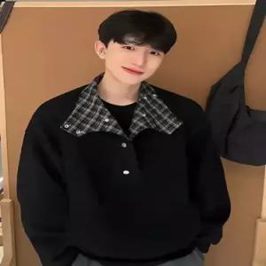 EAMT 남사친 춘추 단추 맨투맨 체크 칼라 상의 커플 코트 YJ3