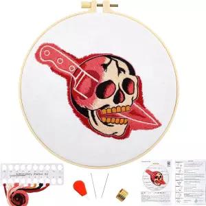 초보자를 위한 할로윈 펑크 자수 키트 블러드 스컬 스타터 크로스 스티치 여성을 취미용 원단 후프 및