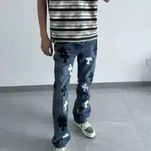 픽호샵 남사친 팬츠 청 면 키작남 배기핏 자수 디스트로이드 스판 스키니핏 꾹1