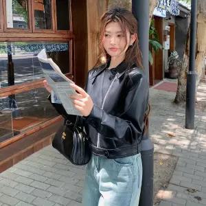 와칸다 여성 여성용 갈색 PU 가죽 봄가을 재킷 모터사이클복 코트 숏 KKE3