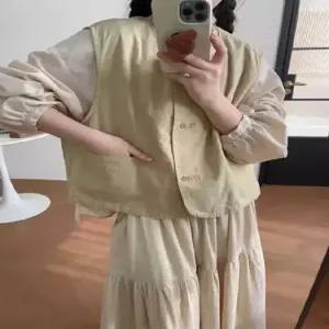 와칸다 여사친 면 빈티지 캐주얼 린넨 조끼 라운드 베스트 더블 솔리드 민소매 나시 레이어드 KKE1