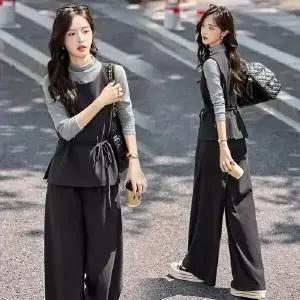 무천도사 여성용 여성 팬츠 가을 캐주얼 쓰리피스 슬림 미니멀 세트 와이드 조끼 정장세트 KKE3