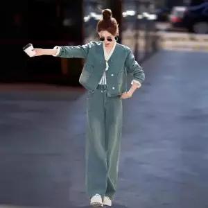 무천도사 팬츠 데님 봄 가을 캐주얼 투피스 여자 여성용 정장세트 세트 슬림핏 이른 코트 KKE3