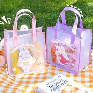 메쉬 소재 토끼 곰 프린팅 투명 비치백 토트백 휴가 쇼핑백 장바구니 데일리