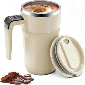 쉘프로수 셀프 교반 커피 머그잔 뚜껑이 있는 자동 자기 컵 우유 코코아(베이지)를 위한 LCD 온도계가