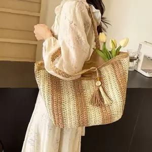 술 장식 구슬 배색 천연 소재 여름 비치 숄더백 휴가용 핸드백 쇼핑 수납 가방