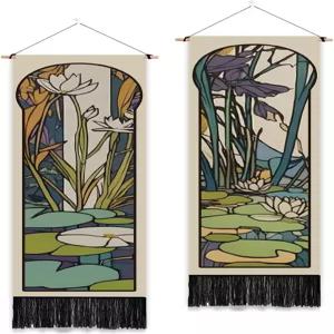 PLIGREAT 2팩 무차 연못 스타일의 태피스트리 수직 예술 연꽃 벽에 태슬 에스테틱 월 걸어 침실 욕실