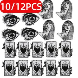 10/12개  펑크 러브 걸스 흑백 꽃 자수 번개 장식 패치 다림질 가방/모자/옷