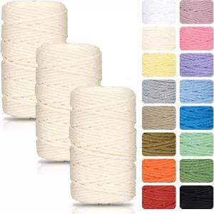 Macrame 코드 3mm x 164야드 3롤 베이지 컬러 면 로프 키트 Yarns 벌크 스트링 4줄 꼬임 벽걸이 식물 걸이