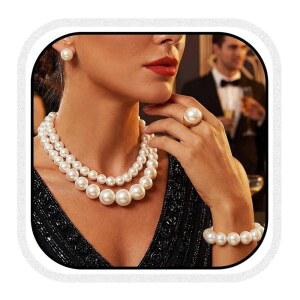 Aukmla 펄 주얼리 세트 골드 목걸이 및 귀걸이 팔찌 반지 신부 여성용 레이어드 웨딩