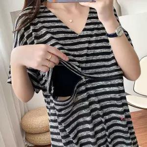 스트라이프수유티 빅사이즈수유복 여름 수유원피스 롱 외출 선물 셔츠 반팔용품 조리원롱hij911