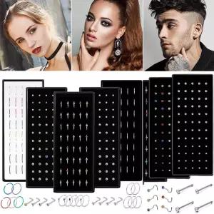 40/60PC 여성을위한 스테인레스 스틸 스트레이트 L 코 스터드 링 세트 1.8MM 패션 크리스탈 Aro Nariz Nase