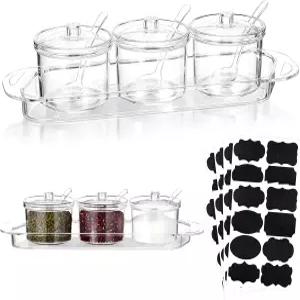 커피 바 액세서리용 뚜껑과 숟가락이 있는 투명 아크릴 설탕 그릇 3개 세트 티 슈가 용기 소금통 향신료 병