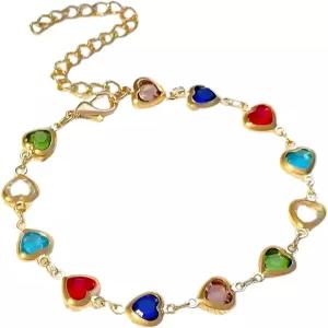 여성 및 소녀를 위한 골드 도금 팔찌 - 다인티 18K 스타일 컬러풀 하트 참 주얼리 그녀를 조절 가능한 우정