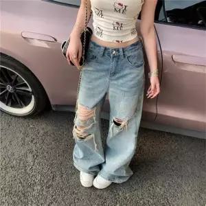 여성용 팬츠 청 워싱 와이드 붐 찢어진 청바지 통 에나멜 OP1