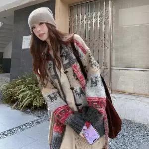 엘럽 여성용 니트 롱 가을 카디건 더플형 스웨터 중 체크 도톰 크리스마스 박템3