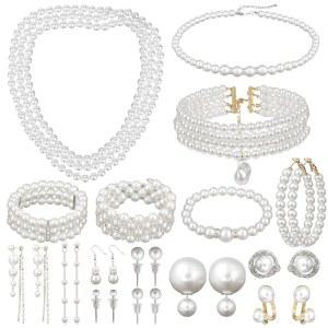주팔츠 16개 진주 주얼리 세트 목걸이 귀걸이 및 팔찌 여성용 결혼식 신부 크리스마스 파티용
