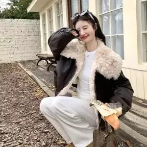 엘럽 여사친 모피 코트 빅 칼라 스웨이드 패치워크 오리털 원템1