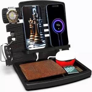 MED 우드 폰 도킹 스테이션 휴대폰 시계 지갑 및 태블릿용 나이트 스탠드 책상 정리함 남성 남편 아빠