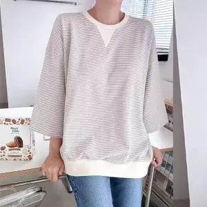 여성 단가라 라운드 배색 7부 롱 티셔츠 스트라이프 간절기 기본티 -WTS0530- 봄 가을