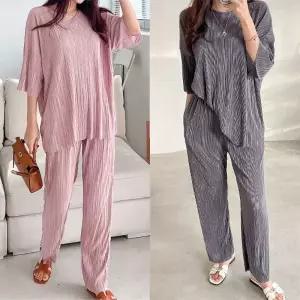 여성 라운드넥 7부 롱 티셔츠 밴딩 바지 주름 플리츠 세트 투피스 셋업 -WPST0057- 봄 여름