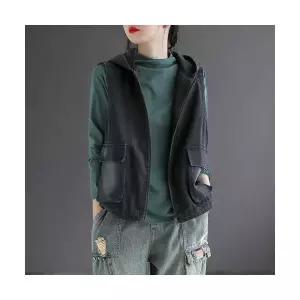 타노스여성 청 캐주얼 키작 조끼 데일리룩 베스트 워싱 집업 후드 봄가을 KUK1