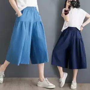 여성 치마 팬츠 데님 캐주얼 스판 하이웨스트 얇은 와이드 워싱 슬림핏 7부 KS1