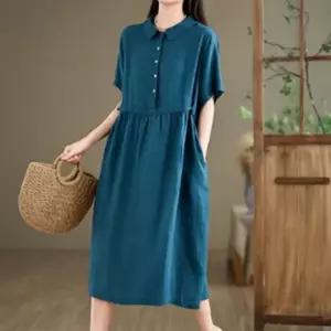 [에이치플러스몰]롱원피스 린넨 반팔 여름 원피스 면혼합 루즈핏