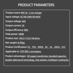 72V 2A 리튬 이온 충전기 84V 20S 20AH 리튬 이온 리튬 배터리 충전기 72V2A 3핀 XT60 DC
