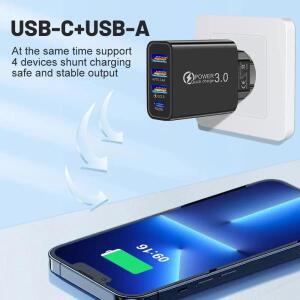 총 60W USB C 충전기 멀티 4포트 3USB PD 타입 C 고속 충전 퀵 차지 유니버설 여행용 벽면 전원 어댑터