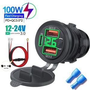 12/24V 3 포트 USB 충전기 소켓 USB C PD 및 전압계 및 전원 스위치 자동차 충전기가있는 자동차 오토바이 용 듀얼 QC 3