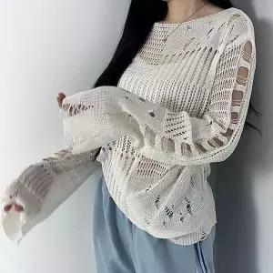 [JHP6Q2PT_51]데미지 긴팔티셔츠 네트 보트넥라인 (2color) (28809343A)