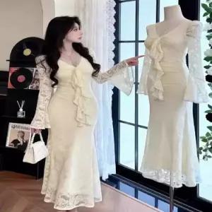 여성용 치마 원피스 타이트 러블리 브이넥 머메이드 롱스커트 레이스 다올4