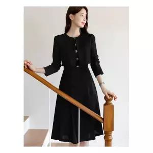 [시크라인](~XXL까지) 라운드 넥 레이어드 크롭 자켓 플레어 원피스 가을 하객룩 오피스룩 모임룩 격식