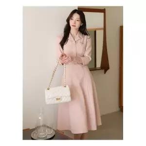 [시크라인](~XXL까지) 디누 핑크 트위드 벨트 플레어 원피스 봄 가을 하객룩 오피스룩 모임룩 격식룩