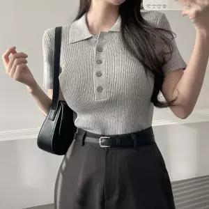 여성 단추 카라넥 골지 반팔 니트 티셔츠팔 데일리룩 슬림핏 베이직 팔티 여름상의 블랙 팔니트