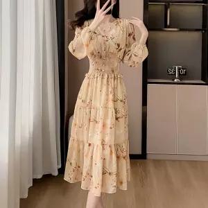 코디피셜 체른 슬림 웨이스트 프릴 긴팔 롱원피스봄원피스 가을 레이스 플라워프린트 프린트