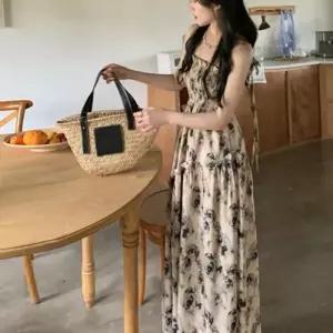 프릴 플라워 슬립 롱 원피스 DE 240509끈나시 쉬폰 밴딩 비치룩 캐주얼 데일리 꽃무늬