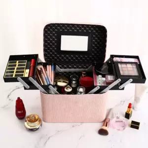 코듀로이 3단 메이크업가방(핑크)프로페셔널 아티스트박스 미용 소품 화장품백 파우치 여행치