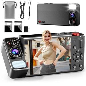 ZEOUPT 디지털 카메라, 사진용 4K 64MP 카메라, 270 F 클립 스크린 블로깅 카메라, 자동 초점, 플래시, 18배 줌, 배터리 2개, 64GB 카드, 포인트 앤 슛 디지털 카메라, 청소년용, 블랙