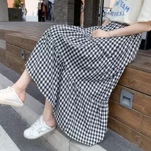 여성 체크 롱스커트 데일리룩 치마 여행지 피크닉캐주얼 허리밴딩 편안한 예쁜 긴치마 밴주름 밴플리츠 여