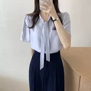 여성 2컬러 단아한 타이포인트 소매퍼프 반팔블라우스(HSJ-WFJFJWN)