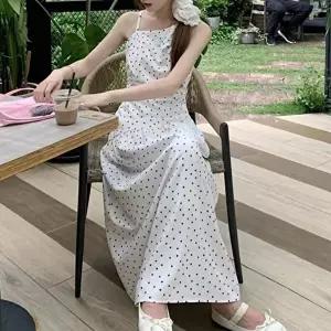 언발 어깨 디자인 점무늬 나시 롱 원피스 리조트룩 (HSJ-WF782EE)